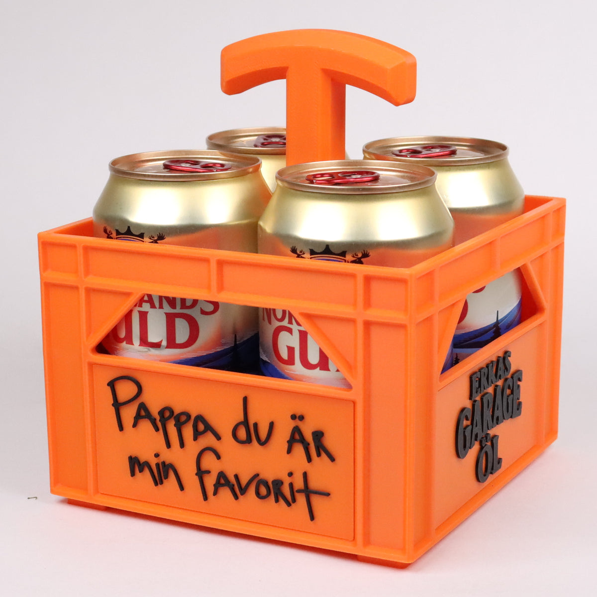 Orange miniölback med handtag och texten Pappa du är min favorit.