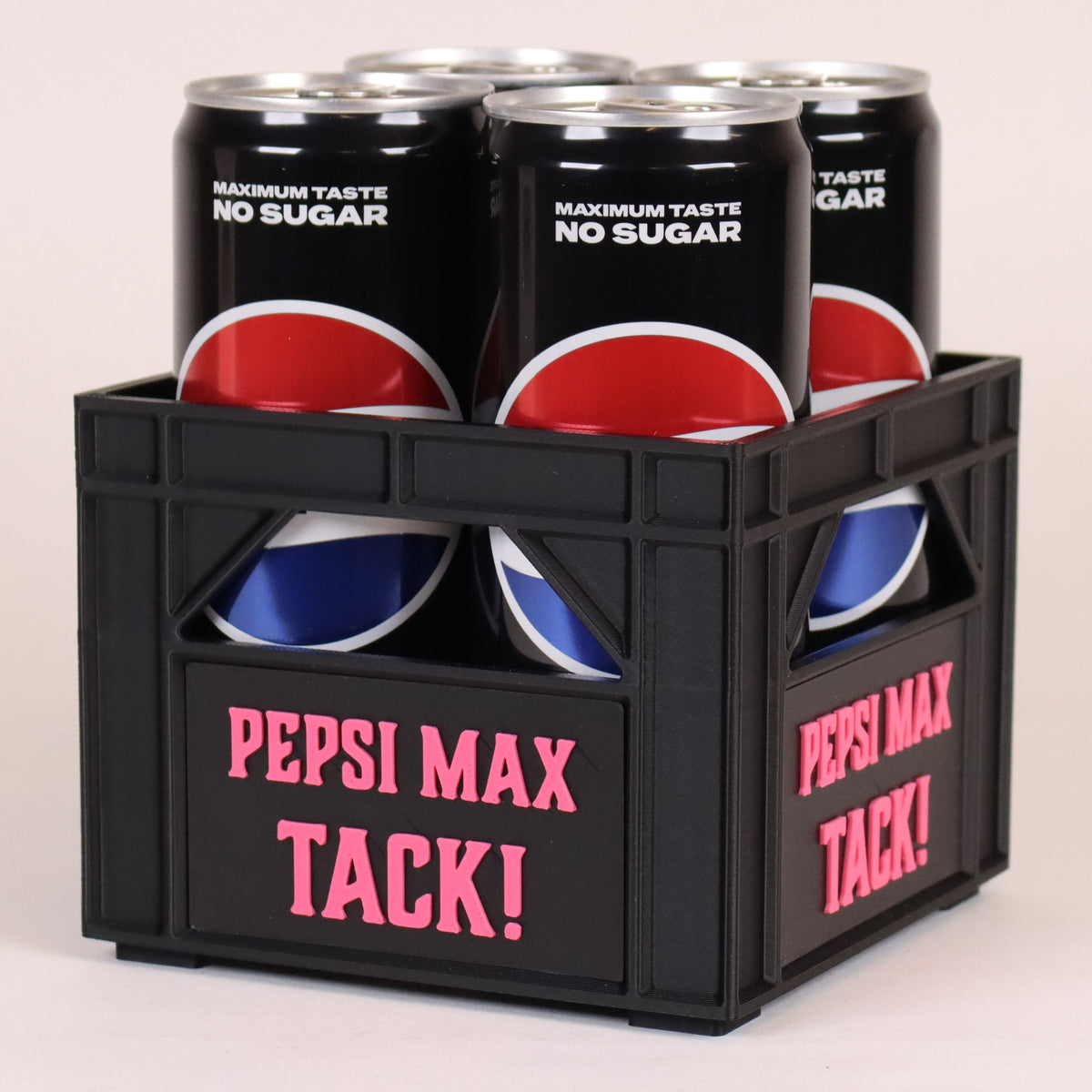 Svart miniölback för långsmala burkar med rosa text: Pepsi Max tack!