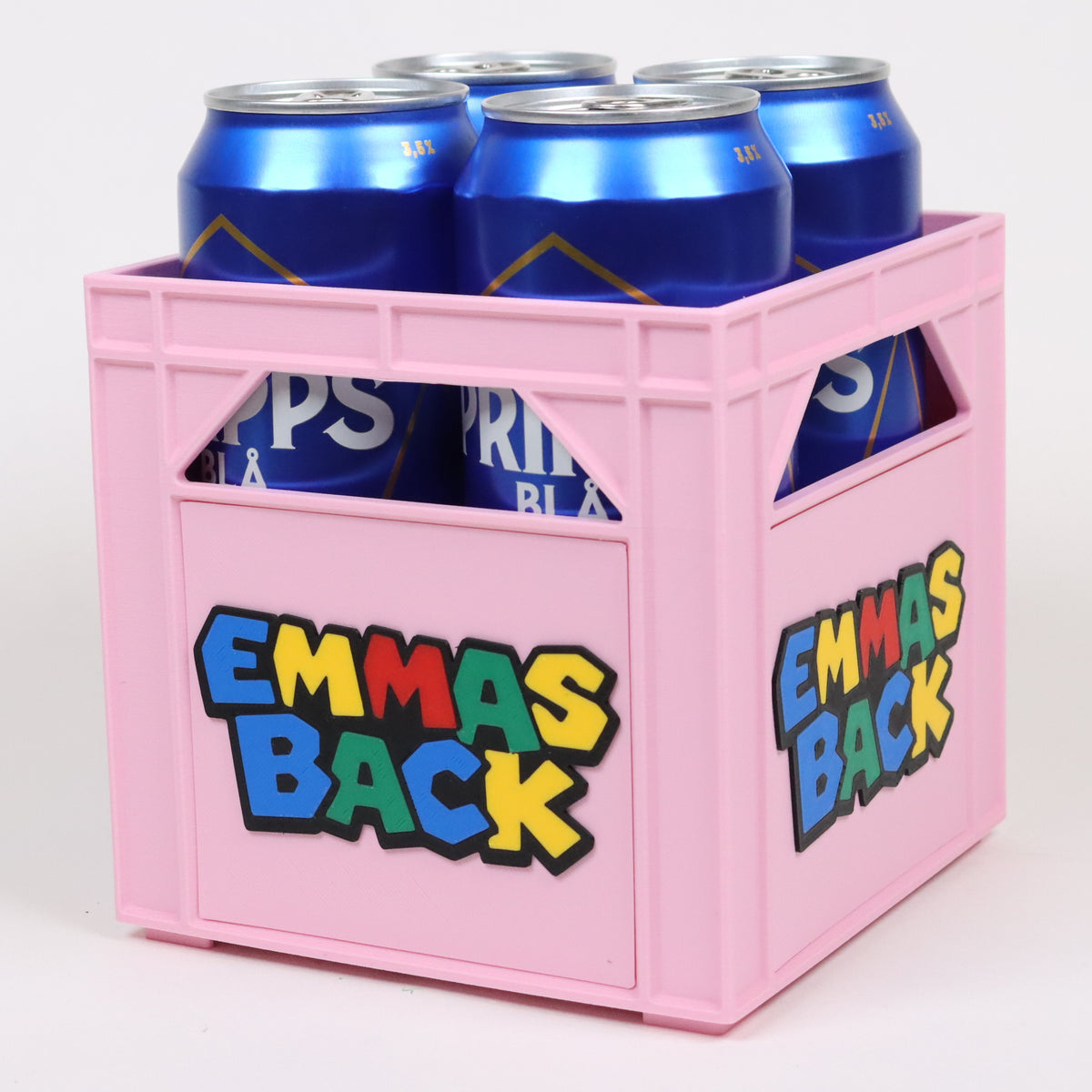 Rosa miniölback för 50 cl-burkar med det färgstarka trycket Emmas back.